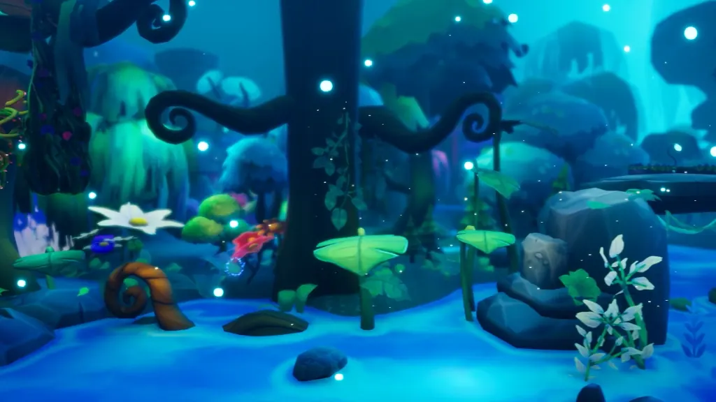 Oona gameplay screenshot in glowing forest environment